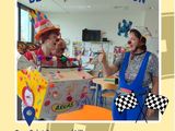 a poster for a children ' s birthday party with clowns and clowns
