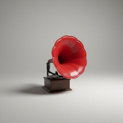 an old red gramphone on a wooden stand against a gray background