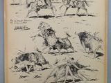 dessin représentant un groupe d'hommes à cheval poursuivant une vache