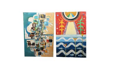 trois tableaux accrochés à un mur blanc ; l'un d'entre eux comporte une horloge et l'autre représente un autre tableau