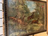 a picture of a painting of deer running in the woods