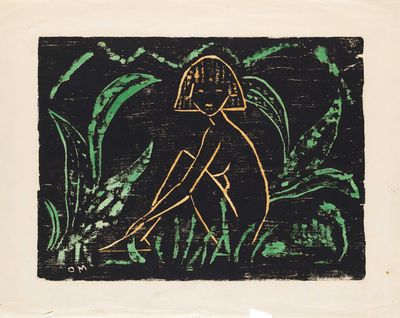 an image of a black and green painting of a woman in the grass