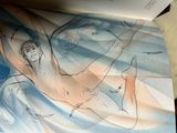 a drawing of a naked woman laying on a bed