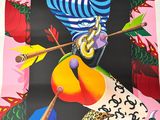 an image of a painting of a woman with a snake on a pink background