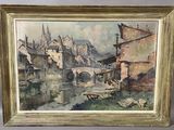 an image of a painting of a town by a river