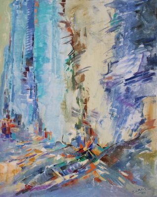 an oil painting of a cityscape with buildings in the background