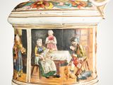 a large vase with a painting on it on display
