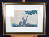 painting of a man sitting under a tree in front of a blue background