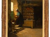 une peinture à l'huile représentant une femme assise dans une cuisine avec une casserole