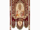 an image of a red and gold banner with a picture of the virgin of guadalupe on it