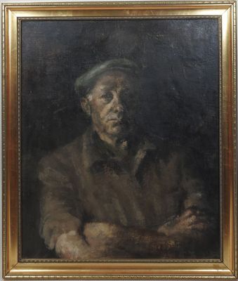 portrait of an old man in a hat and a brown shirt