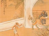 a painting of a man and a woman playing with a dog