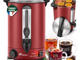 an image of a red electric coffee maker with a cup of tea and orange slices