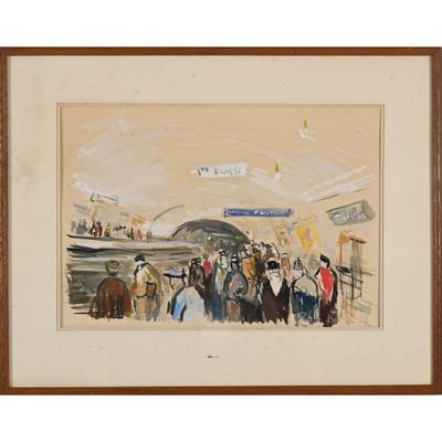 an image of a painting of a group of people waiting at a train station