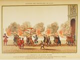 an old painting of a group of men holding guns in front of a crowd