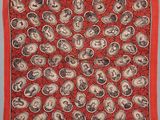 une image représentant une écharpe rouge et blanche sur laquelle figurent des portraits de personnes