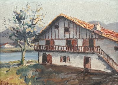 a painting of a house on a hill by the water