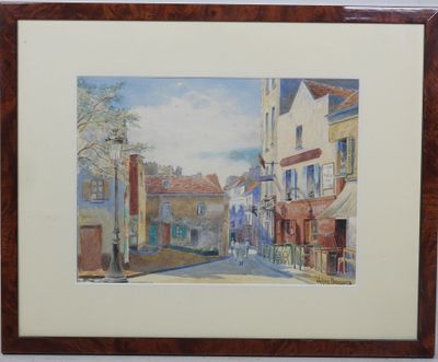 aquarelle encadrée représentant une scène de rue avec des bâtiments en arrière-plan