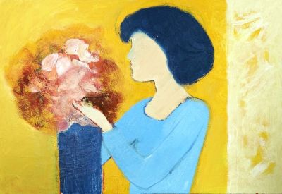 un tableau représentant une femme tenant un vase de fleurs