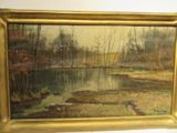 tableau représentant un paysage avec une rivière et des arbres, dans un cadre doré