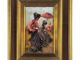 une peinture à l'huile représentant une femme en robe rouge tenant un parapluie