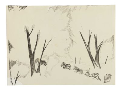 une image représentant un dessin d'une calèche tirée par des chevaux dans la neige