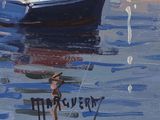 a painting of a boat in the water with a man on it
