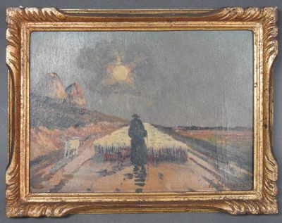 une peinture à l'huile représentant un homme marchant sur un chemin de terre