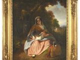 un tableau représentant une femme tenant un bébé dans un décor boisé