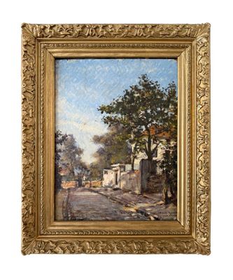 an oil painting of a street scene with houses and trees