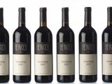 six bouteilles de vin rouge sont alignées