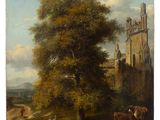 painting of a landscape with a castle and cattle in the foreground