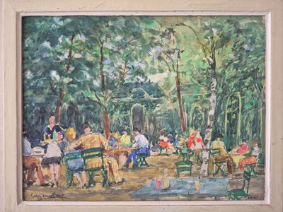 a painting of a group of people sitting on a bench