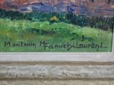 a painting on the wall of a building with a picture of a mountain in the background