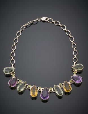 COLLIER "gouttes" en argent (925‰) orné de prasiolites, d'am…