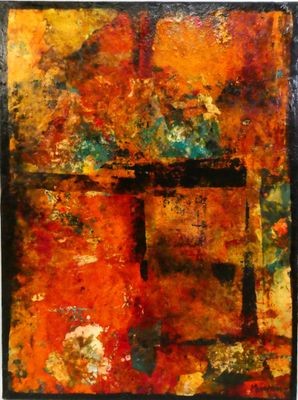 an abstract painting of a table with a vase of flowers on it