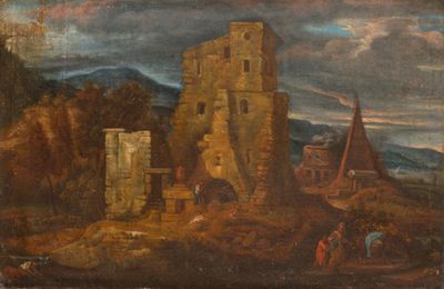 une vieille peinture représentant un château sur une colline, avec des personnes à l'extérieur