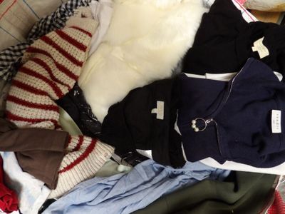a cat that is sitting in a suitcase full of clothes