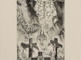 a black and white drawing of a man and woman in a garden