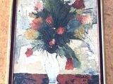une peinture de fleurs dans un vase blanc sur une table