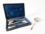a silverware set in a case with a spoon and spoon rest
