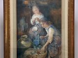 une peinture représentant une femme et deux enfants dans une cuisine