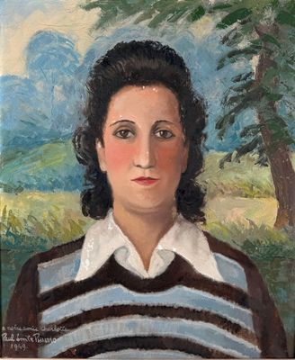 painting of a woman in a striped shirt with a tree in the background