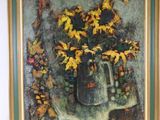 un tableau représentant un vase de tournesols posé sur une table