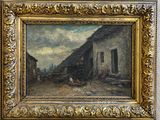 un vieux tableau représentant une scène de village, dans un cadre doré