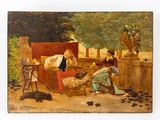 a painting of two people sitting on a bench