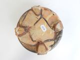 a close up of a vase with a tag on it