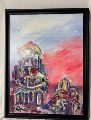 une peinture à l'huile représentant un bâtiment avec une tour horloge en arrière-plan