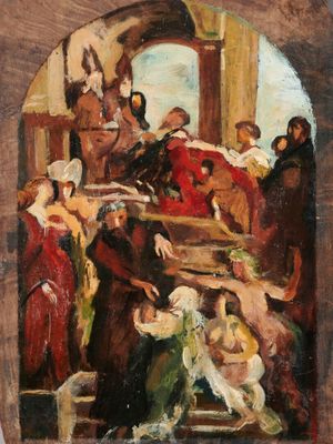 une image représentant un tableau montrant un groupe de personnes dans une église