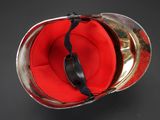 a red helmet with a black strap on it